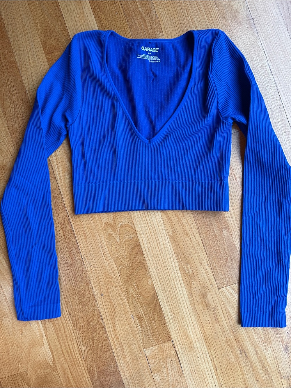 Garage Women's Ribbed Long Sleeve Deep V Crop Top in Royal Blue